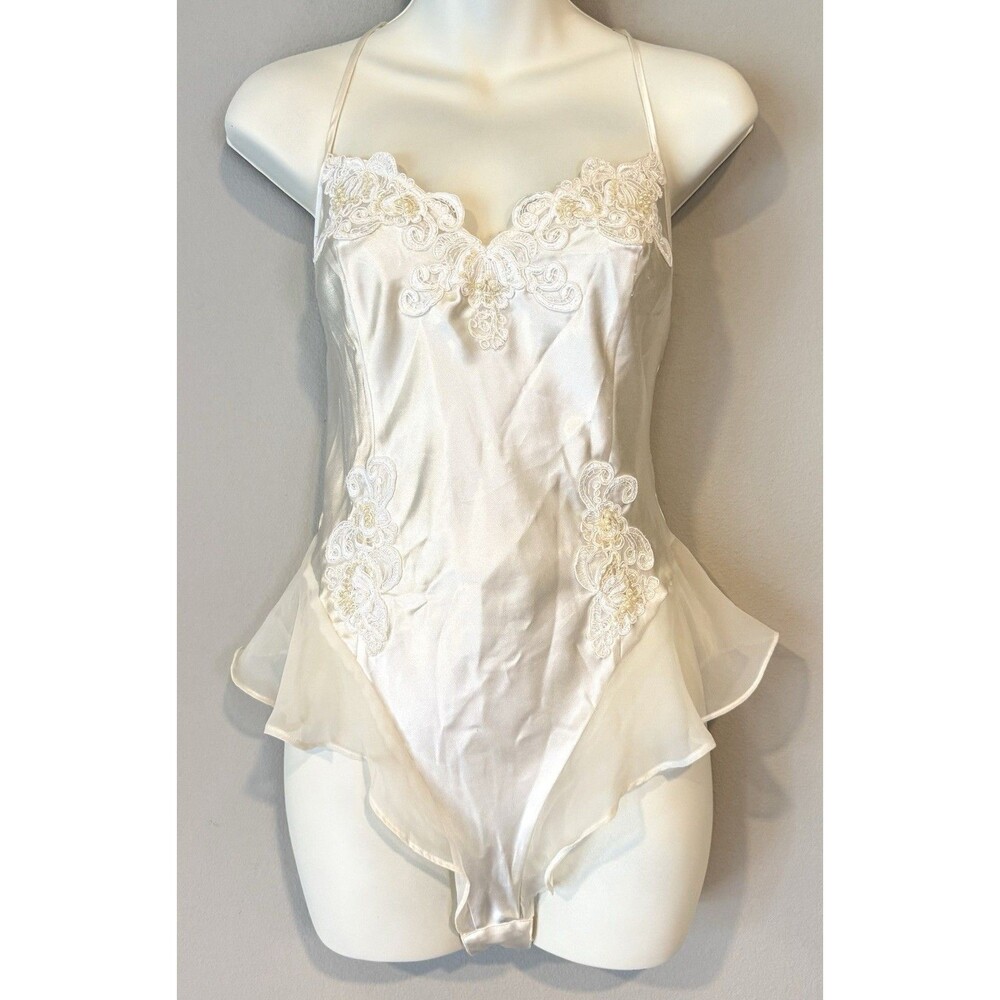 Vintage Victoria's Secret Teddy Lingerie M Bridal Satin Lace Beaded Sexy Y2K